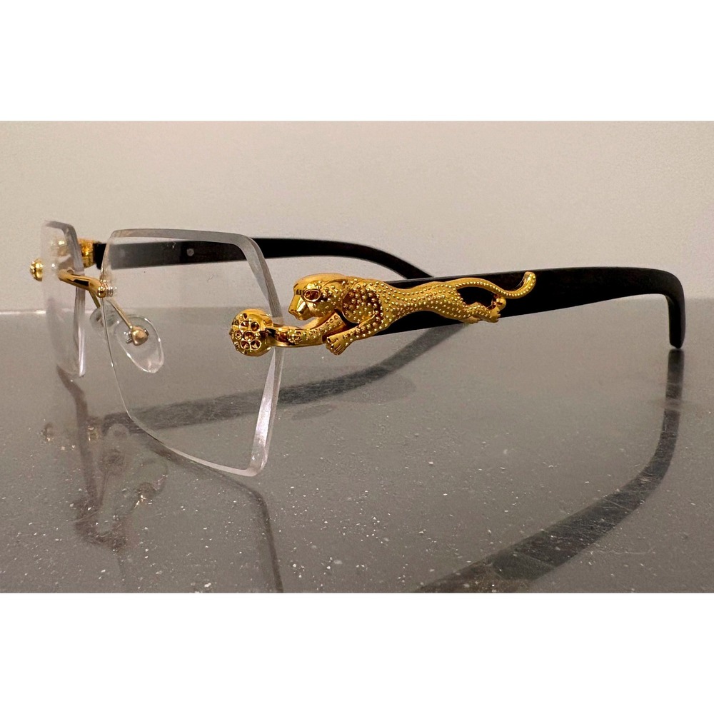 Custom Made Panther Rimless Glasses Unisex Gold Tone Black Wood Grain Clear Lens